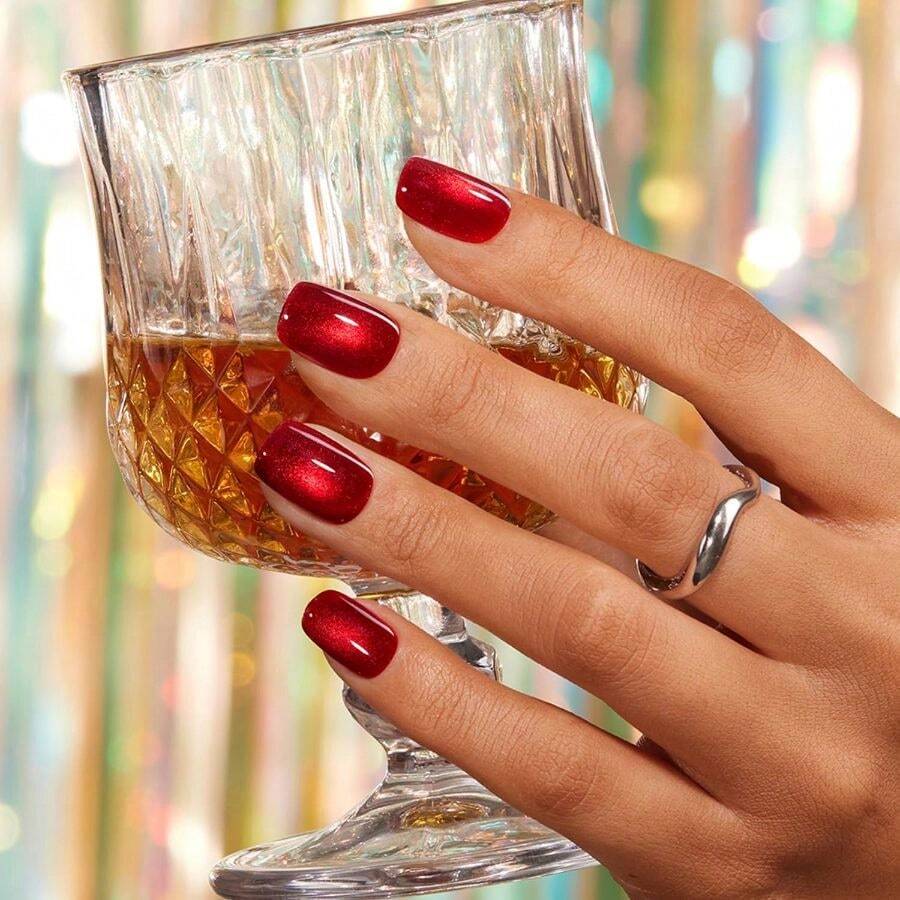 Press On Nails Short Square - Burgundy Red Eye Glitter Nails, Reusable Opaque Gel Magnetic Effect Fake Nails With Glue Cuticle Oil - 32 PCS In 16 Sizes Valentines Gifts Women - C1-1-Màu đỏ anh đào - Xem 1