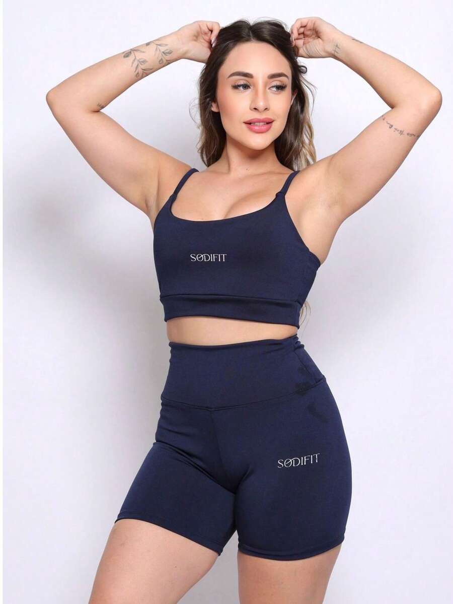 SODIFIT Fitness Set: Double Top With High Support And Straps, Zero-Transparency Shorts, Premium Polyamide Fabric. Gym - Màu xanh hải quân - Xem 1