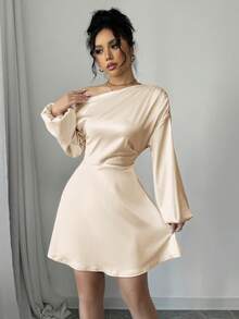 Elegant Beige One-Shoulder Satin Petal Sleeve A-Line Mini Dress, Suitable For Dates And Parties - Beige - View 4