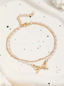 A Single Piece Of Double-Layer Iron Chain Pendant, Faux Pearl, Handmade Chain Anklet, A Double-Layer Thin Faux Pearl Chain Anklet With A Bow, Sexy And Elegant, Perfect For Vacation And Everyday Wear - Multicolor - View 6