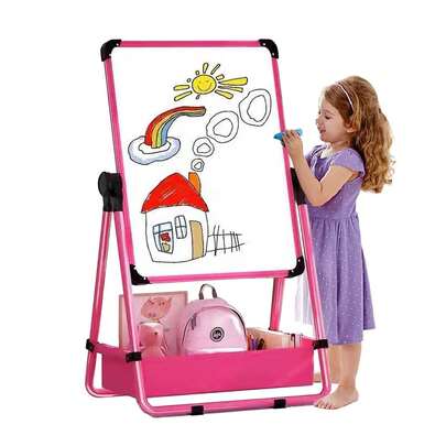 Kids Art Easel 29.5inch-44inch Height Adjustable 360°Rotating Whiteboard & Chalkboard Double Sided Easel For Kids (Black&Pink)