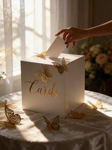13Pcs Elegant White Wedding Card Box For Reception With 3D Gold Butterflies And Foil Cards Sign, Folding Money Gift Card Holder For Anniversary And Bridal Shower Party - Multicolor - View 3