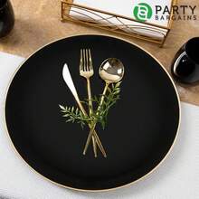 PARTY BARGAINS 13-Inch Charger Plates - 8 Pack, Organic Collection Black Gold Rim, Heavy-Duty Disposable Chargers For Elegant Dining - Ideal For Weddings And Formal Events - 錘紋黑金邊 - 查看 3