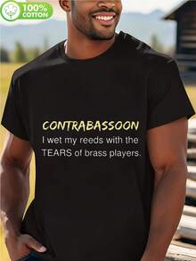 Camiseta gráfica para hombre con diseño de contrabajín humorístico; "Me humedezco las cañas con lágrimas de trompetista"; 100% algodón, cuello redondo, estilo casual para primavera, verano y otoño. Senderismo; Actividades al aire libre. Camisetas de camping. Ropa de temporada. Diseño Divertido. Tela suave. Ropa para Músicos. Amantes de la música. Ropa con temática musical. Ajuste cómodo. Camiseta para amantes de la música. Miembros de la banda - Negro - Ver 1