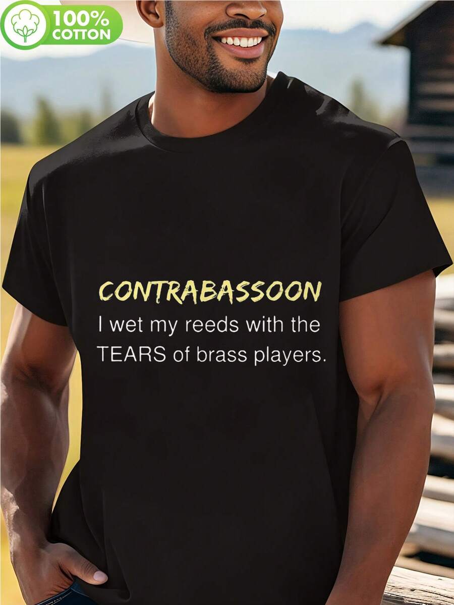 Camiseta gráfica para hombre con diseño de contrabajín humorístico; "Me humedezco las cañas con lágrimas de trompetista"; 100% algodón, cuello redondo, estilo casual para primavera, verano y otoño. Senderismo; Actividades al aire libre. Camisetas de camping. Ropa de temporada. Diseño Divertido. Tela suave. Ropa para Músicos. Amantes de la música. Ropa con temática musical. Ajuste cómodo. Camiseta para amantes de la música. Miembros de la banda - Negro - Ver 1