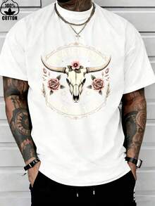 Beautiful Disaster Bull Skull Rose Graphic T-Shirt Men Black Cotton Casual Shirt With Floral Design And Vintage Style Print For Everyday WearFun Stamps Are Suitable For Family GatheringsChristmas Partiessports Activitiesholiday Partiesoutingssports And Other Holiday Gifts (220g). - 白色 - 查看 4