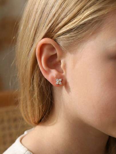 1 Pair Delicate Square Zirconia Clover Stud Earrings, Daily Wear Jewelry Accessories Gift For Girl