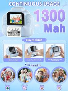 儿童相机套装包含：1 台带即时打印功能的相机、2.4 英寸高清屏幕、16 倍数码变焦、1080P 视频录制、MP3 播放器、20 款相框和 5 款滤镜、4 种镜像效果、3 卷打印纸、USB Type-C 充电线、相机背带、趣味可定制涂鸦打印功能、1300mAh 大容量电池 - 彩色 - 查看 11