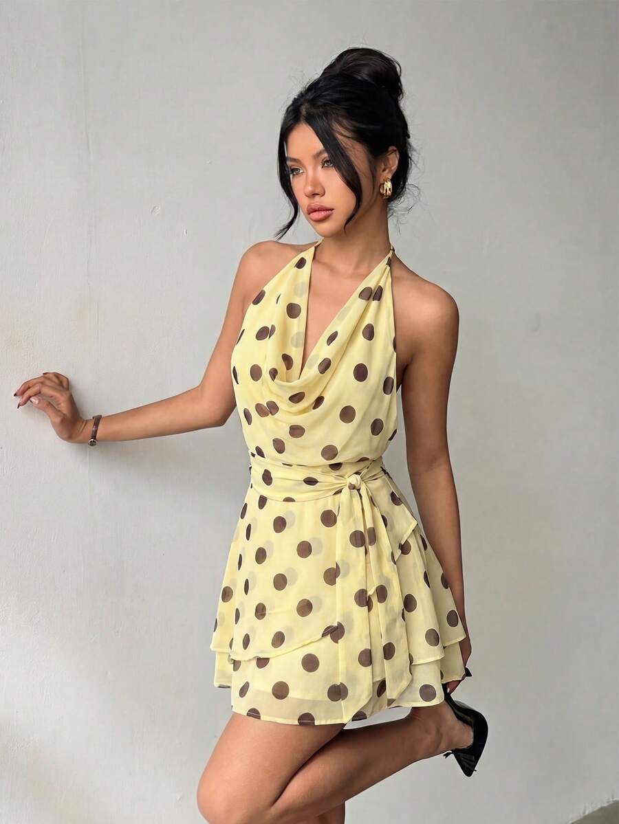 Women's Light Yellow New Polka Dot Spaghetti Strap Backless Layered Ruffle Asymmetrical Mini Dress, Elegant Fashion For Party, Evening Date, Beach Vacation, Bohemian, Sexy - Yellow - View 1