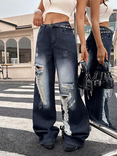  EARO Women's High Waist Distressed Wide Leg Jeans, Vintage Washed Loose Fit Dad Jeans, Streetwear Style Slimming Denim Pants