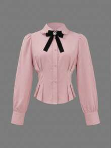 女士白色蝴蝶结衬衫，甜美学院风蕾丝拼接上衣，圆领短款衬衫，适合办公室和休闲场合，春夏粉色 - 粉色 - 查看 7