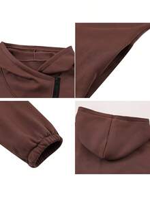 Women's Casual Elegant Sweatshirt, Solid Color With Zipper And Tulip Hem, Suitable For Autumn - Coffee Brown - View 5