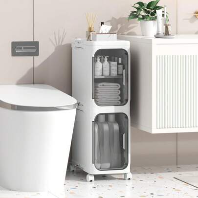 2 Tier Slim Bathroom Cabinet, Freestanding Plastic Storage Unit With Door, Waterproof Small Trolley With Wheels For Office, Living Room, Kitchen, Entryway (21W*67H*34D)
