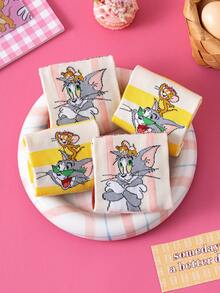 Noctvar OBM Sleepwear X TOM & JERRY 2双猫鼠图案女士中筒袜，可爱卡通爱心设计，趣味老鼠时尚夏季男士袜子，透气休闲船袜，卡通图案，适合学生/成人作为礼物和日常穿着，情侣款 - 彩色 - 查看 6