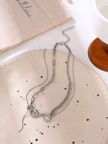 1pc Women's Double-Layer Necklace, Hip-Hop Copper Inlaid Zirconia Infinity & Snake Pendant Y2K Millennium Necklace - Silver - View 8