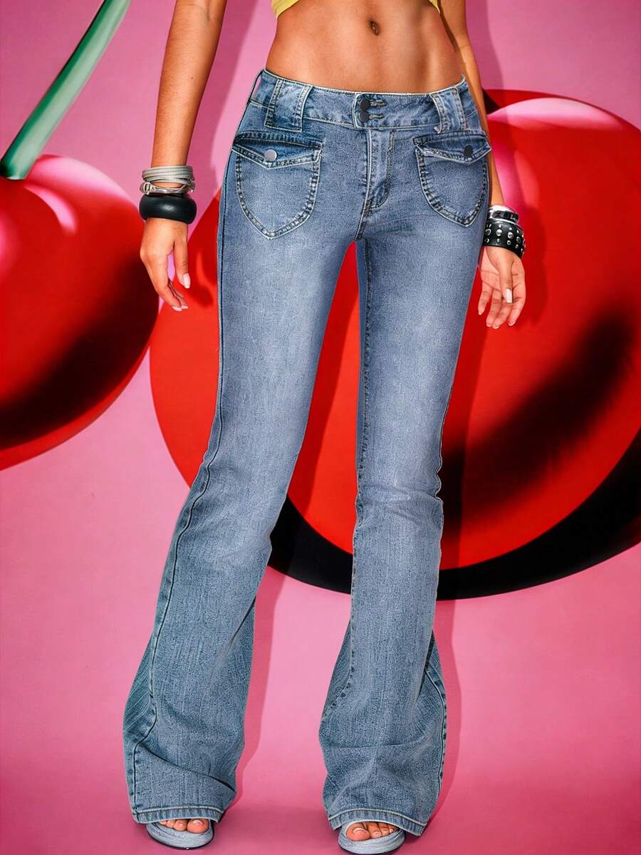 女士Y2K水洗低腰修身喇叭牛仔裤，显瘦显瘦时尚牛仔裤 - 淺色水洗藍 - 查看 1