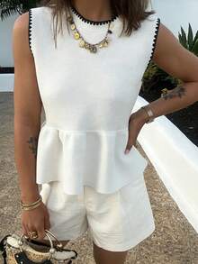 Women's Minimalist Elegant Knit Top, Casual Chic Style, Spring/Summer - Black and White - View 2