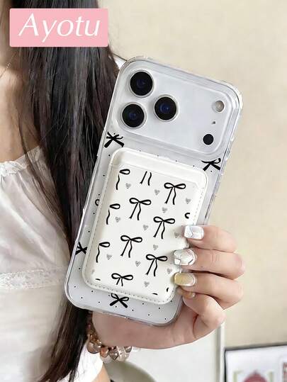 Ayotu 1pc Magnetic Wallet Phone Case With Bow & Heart Pattern, Suitable For IPhone 12 13 14 15 16 Pro Max Plus Mini, Magnetic Card Slot For ID/Cards, Suitable For Mother's Day, Family, Friends, Birthday, Holiday Gifts, Available In Pink, White, Blue, Black, Brown