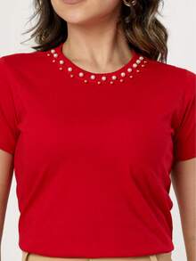 Cotton T-Shirt Blouse With Multiple Pearl Applique - Red - View 11