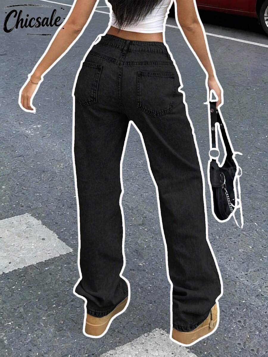 女款休閒直筒水洗牛仔長褲