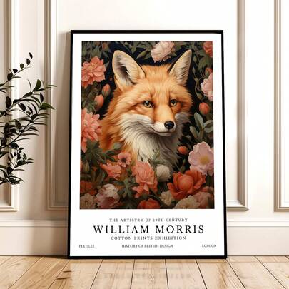 1pc Frameless 19th-Century William Morris Fox Print Art Poster, Featuring A Red Fox Surrounded By Pink And White Flowers, Vintage Botanical Wall Decor, Suitable For Living Rooms, Bedrooms, Dorms, Back-To-School Season, Personalized Posters.