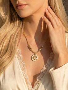 1 chiếc dây chuyền mặt tròn hình cây sự sống bằng vàng, trang sức tối giản nhưng ý nghĩa và phong cách, thích hợp để hẹn hò, làm quà tặng hoặc đeo hàng ngày (Đóng gói trong túi OPP) - Vàng - Xem 5