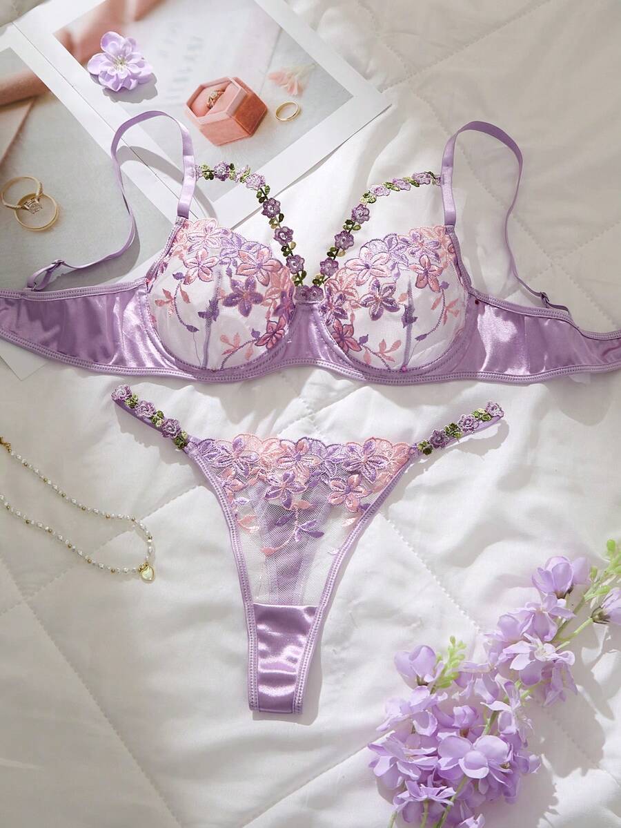 一套两件装女士淡紫色花卉刺绣蕾丝文胸和内裤套装，缎面滚边和网纱细节，浪漫性感优雅女士内衣 - 紫色 - 查看 1
