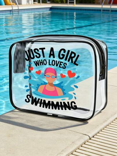 "Bara en tjej som älskar simning" Tryckt PVC-förvaringsväska för simning, förvaringsväska för baddräkt, PVC-reseorganiseringsväska med dragkedja - Lätt, blekningsbeständig smink- och necessär för kvinnor och flickor, bärbar kosmetikväska, lätt att torka ren design, kosmetikväska för mamma, lärare, vän, sjuksköterska, kosmetikväska, presentväska för kvinnliga vänner, reseväska för skollov, semester, skolstart, necessärer, vattentät väska