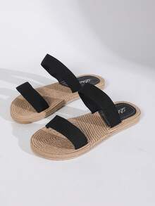 Sandalias de verano para mujer con suela tejida de paja, estilo ligero de vacaciones, sandalias planas suaves y cómodas a rayas beige - Negro - Ver 7