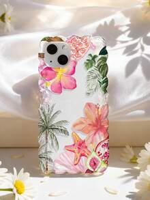 1pc Ocean Elements Vacation Style Hibiscus, Starfish, Sea Turtle, Palm Tree Wave Knitted Silicone Anti-Drop Transparent Phone Case Compatible With IPhone 11/12/13/14/15/16/17 Pro Max - Multicolor - View 1