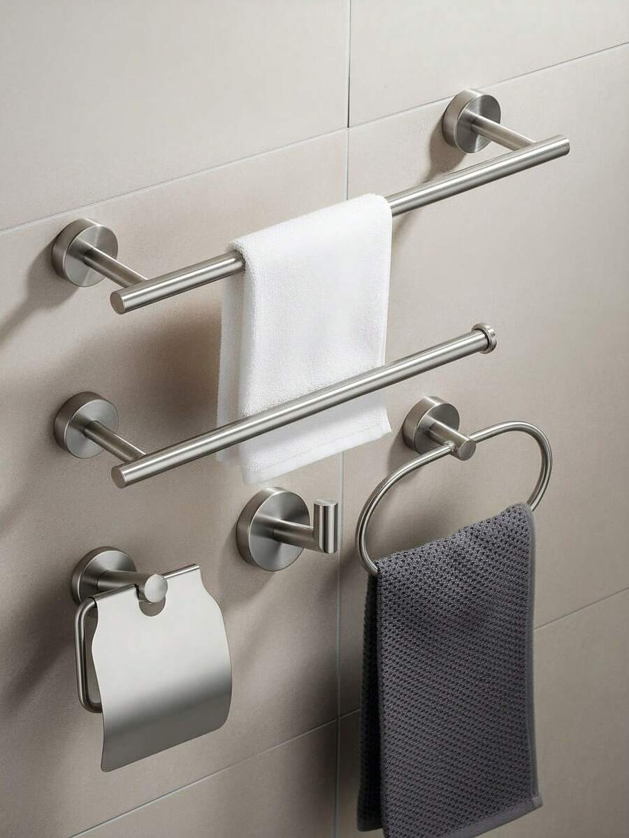 1 pieza Toallero de baño de acero inoxidable con instalación por taladro, portarrollos, barra de almacenamiento multifuncional, talla grande estable - Plata americana - Ver 1
