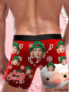 Customized Men's Briefs, Personalized With Portrait, Christmas Elements Like Snowflakes & Christmas Trees, Cartoon Patterns Available. Sizes From XXS To XXXXL, Personalized Photo Men's Boxer Briefs, Sweet Romantic Long Underwear For Men, Gift For Couples, Anniversary, Wedding, Couple, Best Friend, Boyfriend/Husband/Him, Fitness Enthusiast - Red - View 4