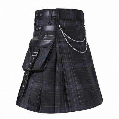 New Arrival European And American Popular Scottish Pleated Kilt, Oversized Half Leather Pocket Plaid Design, Gray Plaid, Suitable For Traditional Festivals, Casual Wear, Parties, Weddings, Halloween, Highland Games
