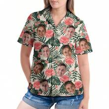 Custom Hawaiian Shirt With Face Logo, Personalized Photo Picture Short Sleeve Button Down Shirts For Men Women Kids Youth - 5 Lá và hoa nhiệt đới màu kem hồng xanh - Xem 2