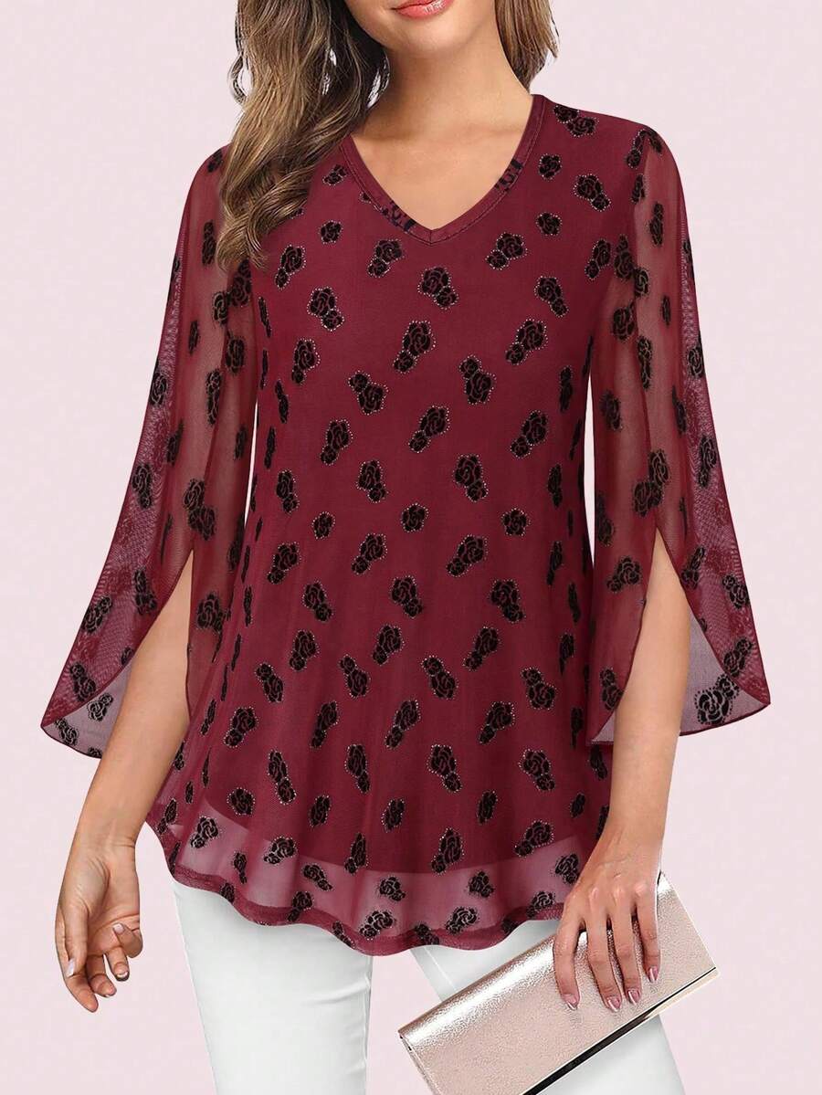 CheersLife Women's Ruffled 3/4 Sleeve V-Neck Double-Layer Mesh Loose Flowing Blouse - Burgundy - View 1