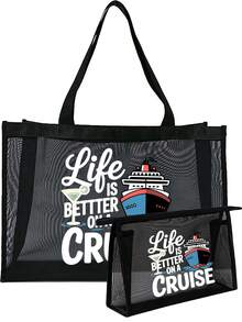 Nautical Style "Cruising Life Is Better" Mesh Tote Bag Set, Cruise Ship Theme, Reusable Lightweight Fabric Shoulder Bag With Portable Makeup Bag, Suitable For Daily Commuting, Travel, And Holiday Parties,Camping, Cruise Vacations, Beach, Ocean And Everyday Use, A Gift For Cruise Enthusiasts - Multicolor - View 16