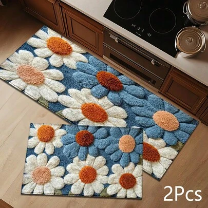 2D蓝白花卉图案地毯，柔软可水洗，适用于入口、门廊、室内（客厅、浴室、卧室、游戏室、洗衣房、宿舍装饰）等场所。