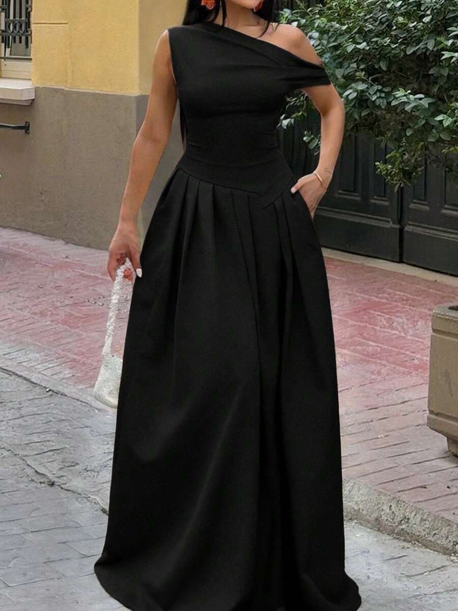 Vaiaye 女士纯色不对称露肩露背长款连衣裙，夏季新款优雅修身长裙，适合派对、日常穿着、约会等场合，黑色 - 黑色 - 查看 1