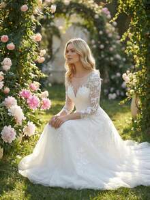 2025 New Long Sleeve Lace Embroidered Sequin Long Elegant Wedding Dress For Bridal Ceremony - Beige - View 6