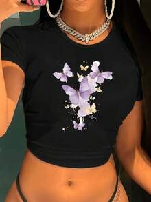 Women's Pure Black Crop Top: Lilac Gold Butterfly Artistry - Easy Maintenance, Seasonal Style Fashion-Forward Graphic Top Regular Size Women's Crop Top Cropped T-Shirt Crew Neck Short Sleeve Vibrant Graphic Print Figure-Flattering Midriff-Baring Slim Semi-Fitted Top Soft Breathable Lightweight Easy-Care Casual-Chic Mix-And-Match Summer Essential Top Women's Vacation Wear, Ideal For Women On The Go | Versatile For Summer Layering & Year-Round Wear, Perfect For Gym Yoga Beach Date Night Daily Casual Office Weekend Hangouts, Going Out And Various Outings - màu đen - Xem 1