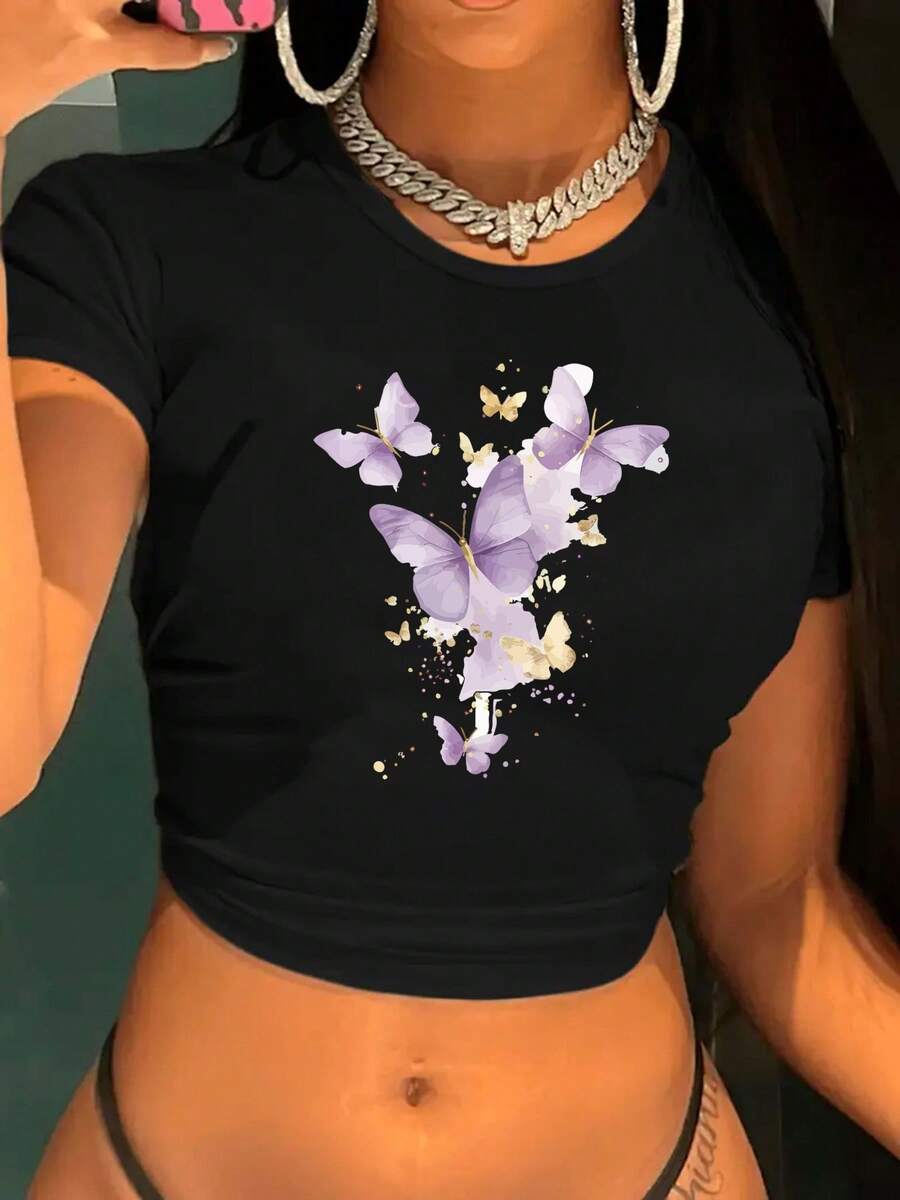 Women's Pure Black Crop Top: Lilac Gold Butterfly Artistry - Easy Maintenance, Seasonal Style Fashion-Forward Graphic Top Regular Size Women's Crop Top Cropped T-Shirt Crew Neck Short Sleeve Vibrant Graphic Print Figure-Flattering Midriff-Baring Slim Semi-Fitted Top Soft Breathable Lightweight Easy-Care Casual-Chic Mix-And-Match Summer Essential Top Women's Vacation Wear, Ideal For Women On The Go | Versatile For Summer Layering & Year-Round Wear, Perfect For Gym Yoga Beach Date Night Daily Casual Office Weekend Hangouts, Going Out And Various Outings - màu đen - Xem 1
