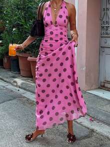 2026春夏新款时尚休闲百搭日常度假撞色波点V领露背修身长裙，波点连衣裙，春假穿搭，情人节女士穿搭，派对连衣裙，沙滩连衣裙，街头风，Y2K风格，粉色连衣裙，生日连衣裙，嘉年华服装，女士正式礼服/长裙，女士奢华晚礼服，女士休闲连衣裙，度假连衣裙，女士毕业礼服，女士婚礼宾客连衣裙，圣帕特里克节连衣裙，女士复活节连衣裙，节日连衣裙，春季优雅服饰 - 玫紅色 - 查看 7