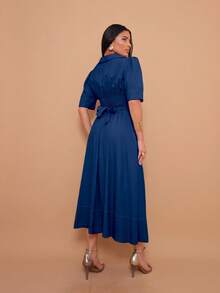 Helena Elegant Luxury Midi Dress With Collar And Belt, Short Sleeves - 藏蓝色 - 查看 3