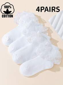 4 pares de calcetines de tobillo de algodón blanco con doble capa y adorno de encaje para niñas, estilo princesa para danza - Blanco - Ver 4