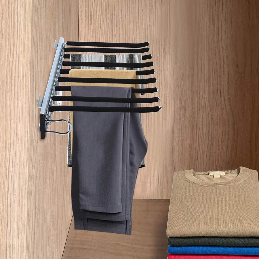 Heavy Duty Wardrobe Pull-Out Trouser Rk W/Silent Rail Left Mounting Steel Rk - Multicolor - View 1