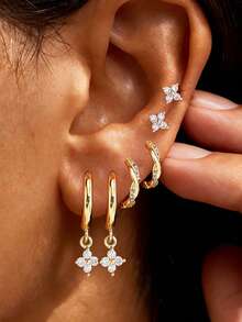 6pcs Elegant Copper Rhinestone Flower Pendant Hoop Earrings Set, Suitable For Women, Dates, Weddings, Parties, Gifts For Mom, Wife, Friends - Gold 2 - View 12