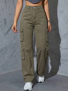 Women's Y2K High Waist Multi-Pocket Distressed Straight Leg Cargo Jeans Casual Spring - Army Green - View 2