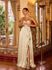 Faeriesty Đầm dạ hội trang trọng thanh lịch dành cho nữ, thiết kế dây mảnh, trang trí bèo nhún, xẻ tà cao, dáng ôm sát, phù hợp cho các bữa tối trang trọng, dạ tiệc sang trọng, đám cưới, sự kiện thảm đỏ và các bữa tiệc cao cấp mùa xuân. - Màu be - Xem 1