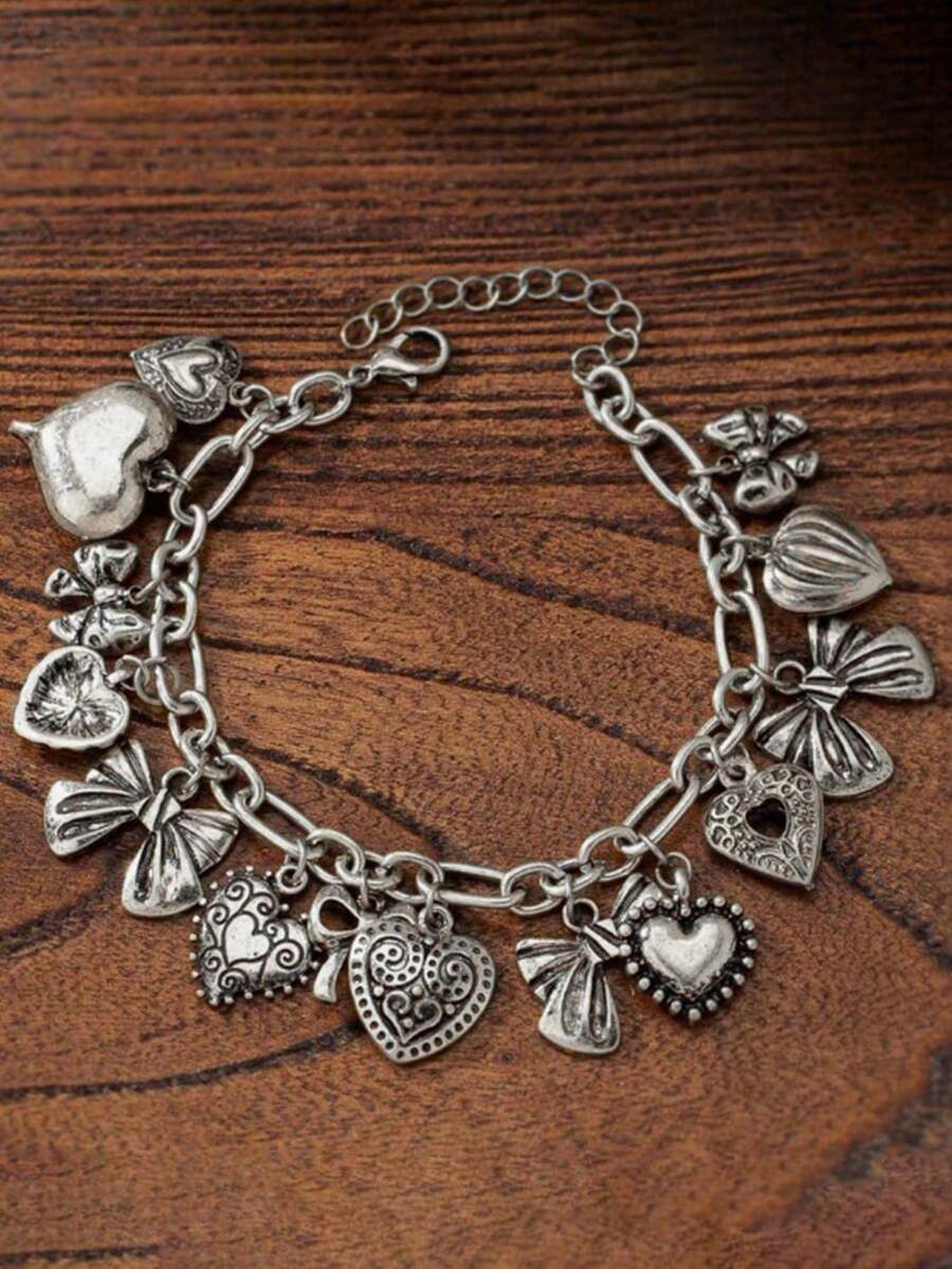 1 chiếc vòng tay mặt dây chuyền hình bướm và trái tim cổ điển, quà tặng ngày Valentine cho phụ nữ. - Màu Bạc Cổ - Xem 1