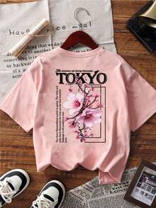 Women's Summer New Bow Tie & Print Casual Round Neck Pink Short Sleeve T-Shirt, Fashionable & Versatile Top - Pink - View 2